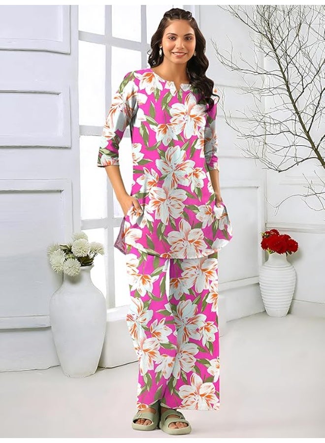 Pinkmint store Women Cotton Co Ord Set l Printed Stylish Top & Bottom Set l Wide-Leg Pant Loungewear l Day-to-Night Comfort Wear L - Image 4