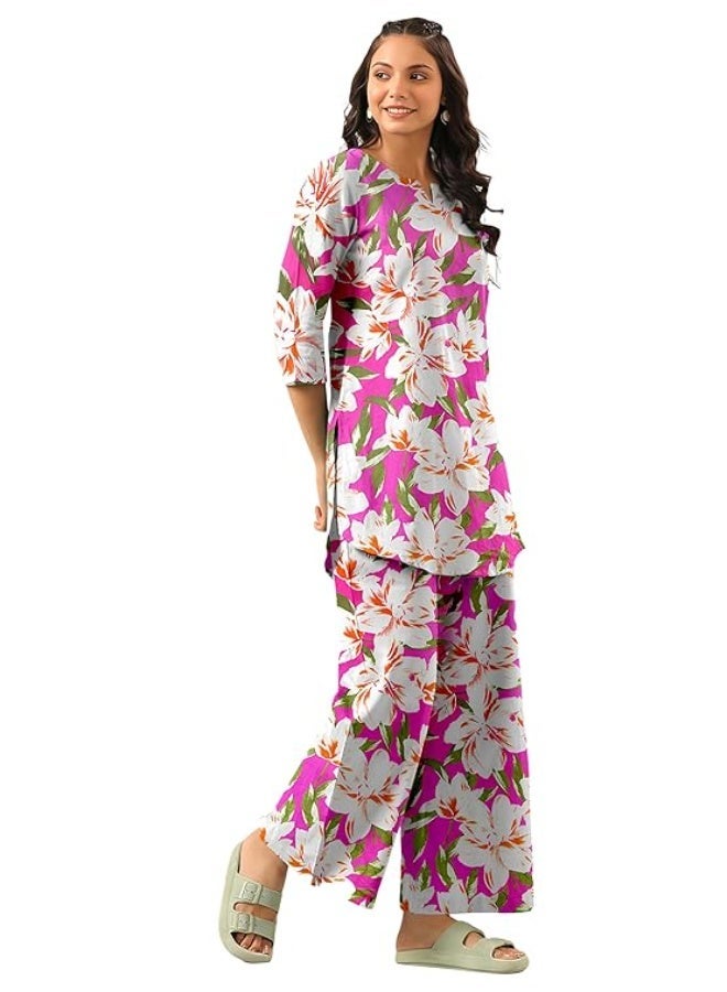 Pinkmint store Women Cotton Co Ord Set l Printed Stylish Top & Bottom Set l Wide-Leg Pant Loungewear l Day-to-Night Comfort Wear L - Image 1