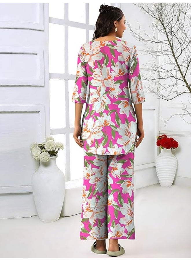 Pinkmint store Women Cotton Co Ord Set l Printed Stylish Top & Bottom Set l Wide-Leg Pant Loungewear l Day-to-Night Comfort Wear L - Image 2