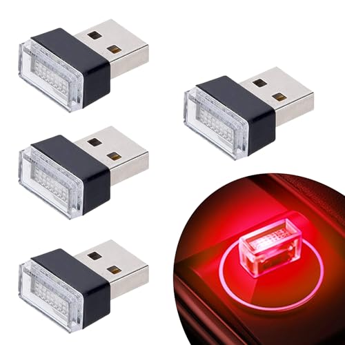 Febrytold 4Pcs Red USB Car Interior Atmosphere Lamps, Universal Mini Led USB Lights for Car Decoration, Lighting - Image 1