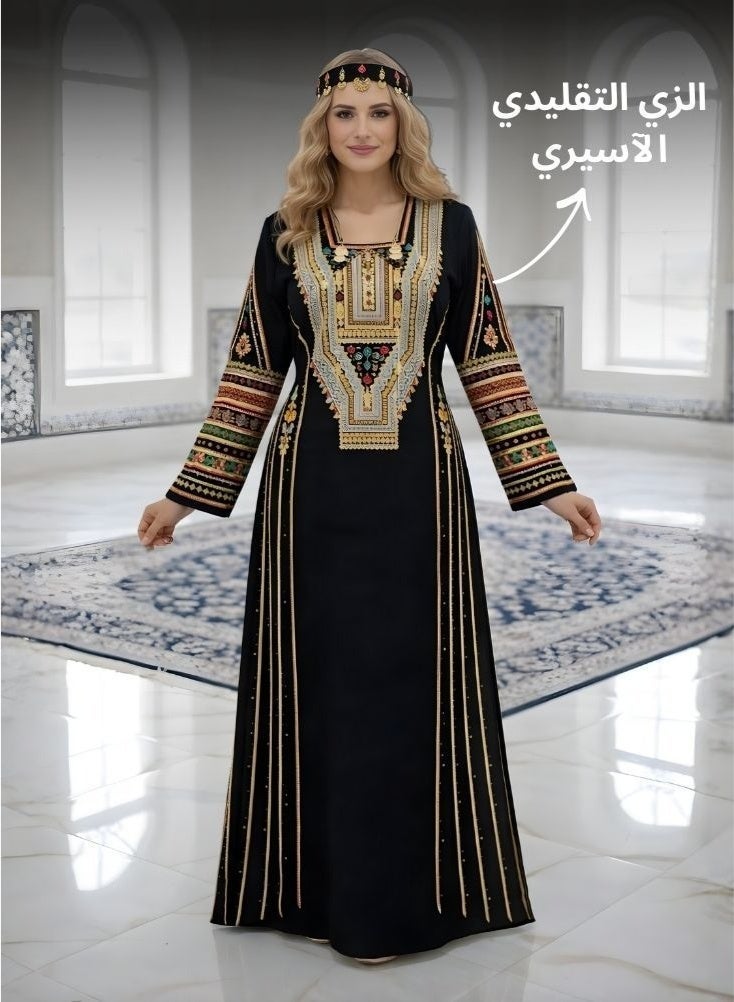 Premium Black Asiri Jalabiya with Red and Gold Embroidery – Premium Saudi Foundation Day Traditional Asiri Dress, Women’s Cultural Jalabiya, Heritage-Inspired Long Modest Wear from Asir Region - Image 2