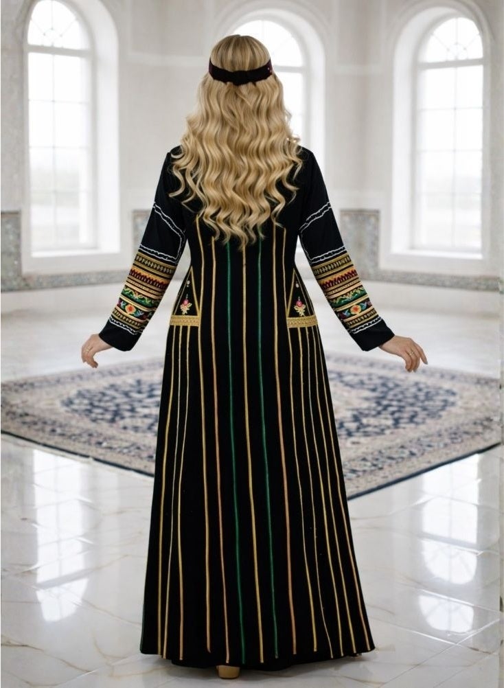 Premium Black Asiri Jalabiya with Red and Gold Embroidery – Premium Saudi Foundation Day Traditional Asiri Dress, Women’s Cultural Jalabiya, Heritage-Inspired Long Modest Wear from Asir Region - Image 3
