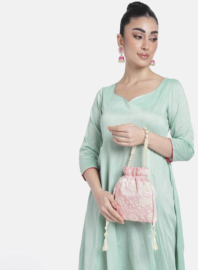 Peora Pink Potli Bag for Women Handmade Evening Wristlet Handbag Stylish Bridal Purse Fashion Bag for Girls (P132PK) - Image 2