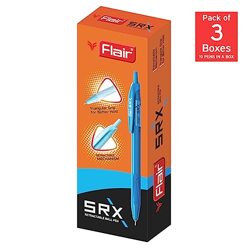 FLAIR SRX 0.7mm Retractable Ball Pen Box Pack | Triangular Grip For Better Hold | Light Weight Refillable Ball Pen | Vibrant Solid Body Colours | Black Ink, Pack of 30 Pens - Image 2
