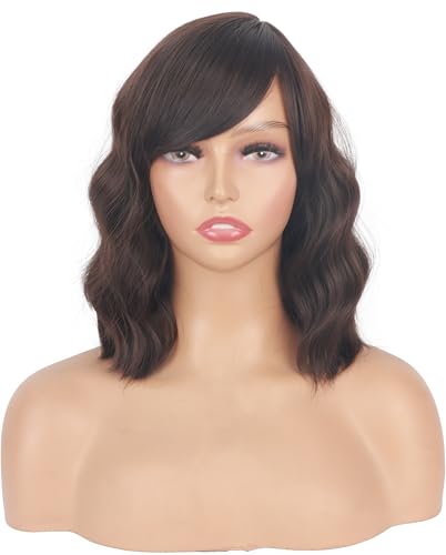 SYMEIW Short Brown Wavy Wigs With Bangs For Women Synthetic Heat Resistant Brown Wigs For Daily Use - Image 1