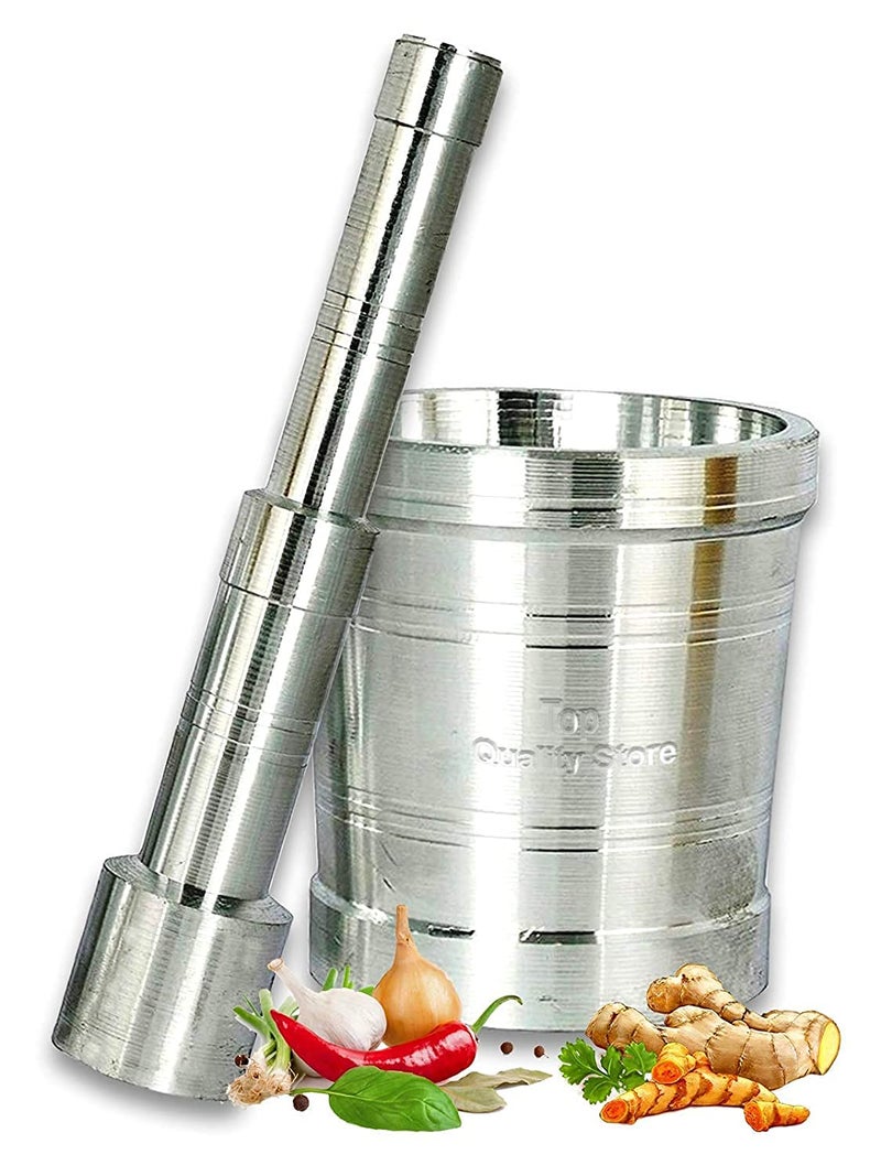 RJ kitchenware Store RJ kitchenware Store Pure Aluminium Mortar and Pestle Set Kitchen Khalbatta Okhli Khal Musal Dasta Ural Kundi Sota Kharal Masher Set Spice Grinder - Image 1