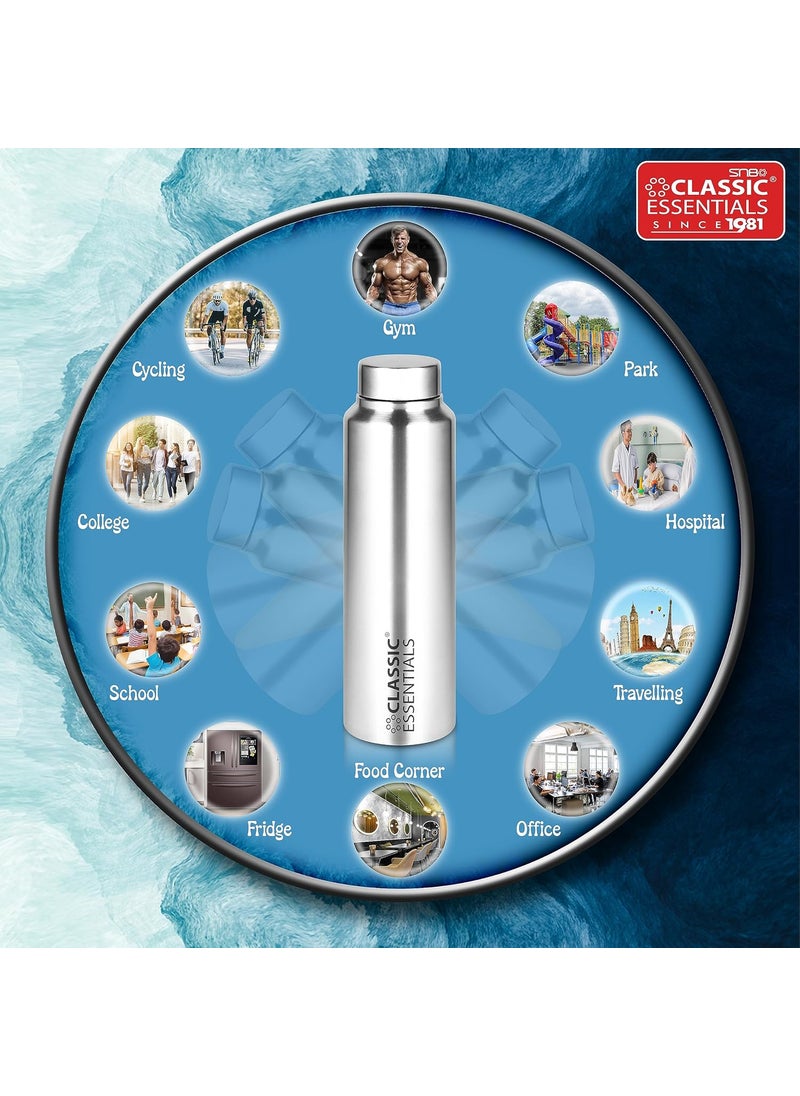 Classic Essentials - CLASSIC ESSENTIALS Spring Stainless Steel Single Walled Fridge Water Bottle (1000ml,Silver) Leakproof BPA free Lids,Great For Travel,Picnic,Camping Etc. - Image 1