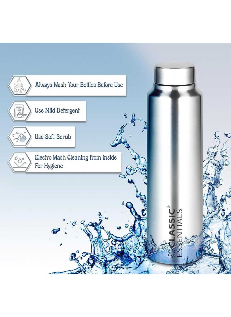 Classic Essentials - CLASSIC ESSENTIALS Spring Stainless Steel Single Walled Fridge Water Bottle (1000ml,Silver) Leakproof BPA free Lids,Great For Travel,Picnic,Camping Etc. - Image 1