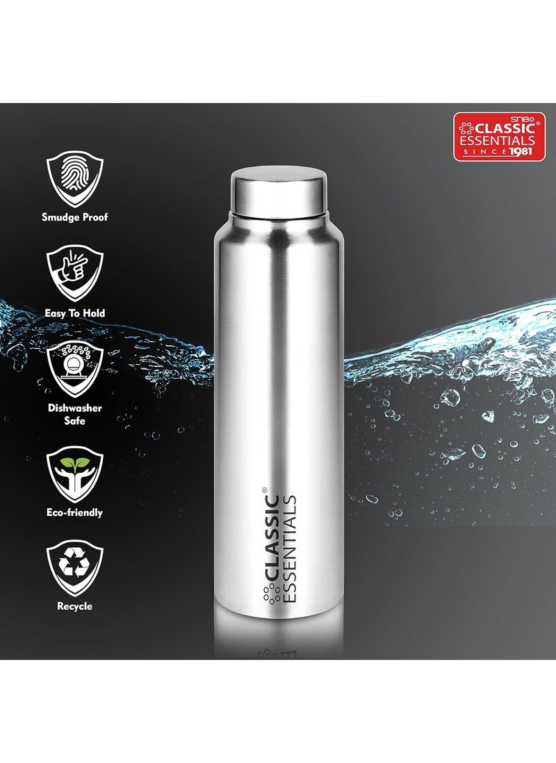 Classic Essentials - CLASSIC ESSENTIALS Spring Stainless Steel Single Walled Fridge Water Bottle (1000ml,Silver) Leakproof BPA free Lids,Great For Travel,Picnic,Camping Etc. - Image 1