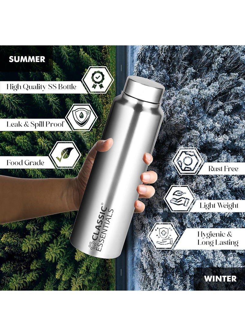 Classic Essentials - CLASSIC ESSENTIALS Spring Stainless Steel Single Walled Fridge Water Bottle (1000ml,Silver) Leakproof BPA free Lids,Great For Travel,Picnic,Camping Etc. - Image 1