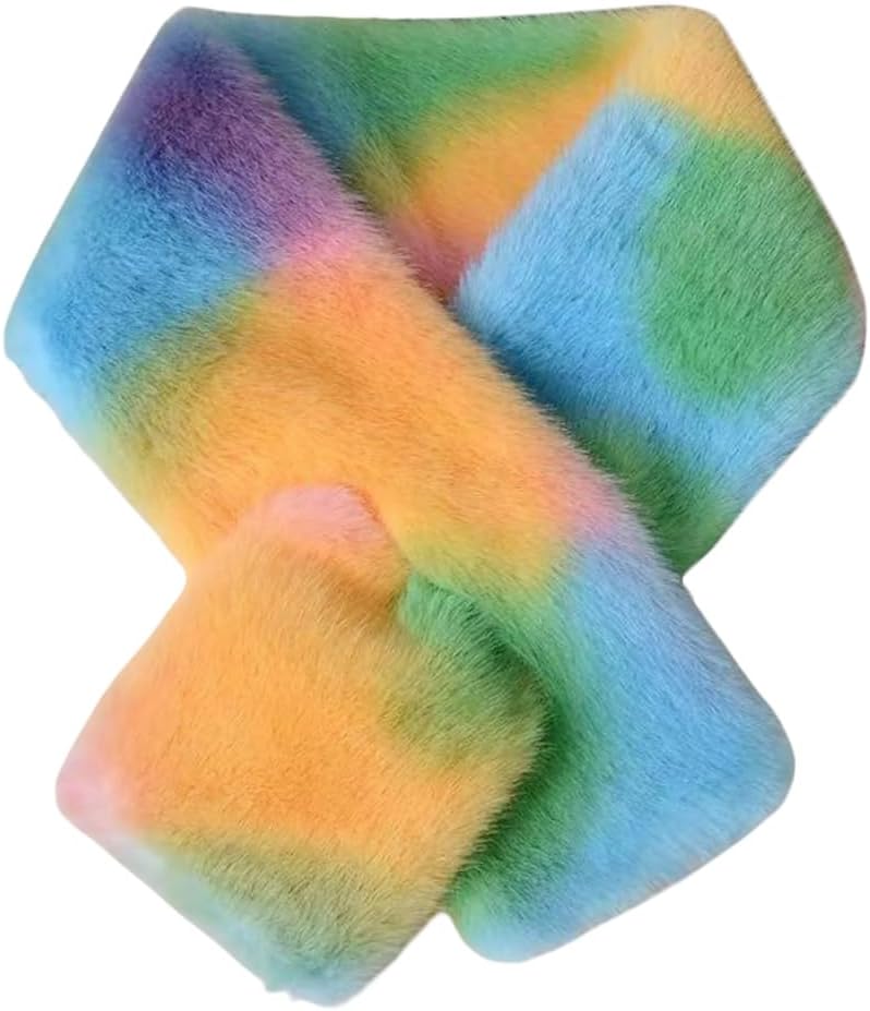 Kids Winter Rainbow Scarf Gradient Cross Tie Collar Fluffy Fur Plush Shawl Wrap Neck Warmer for Toddler Girls Boys