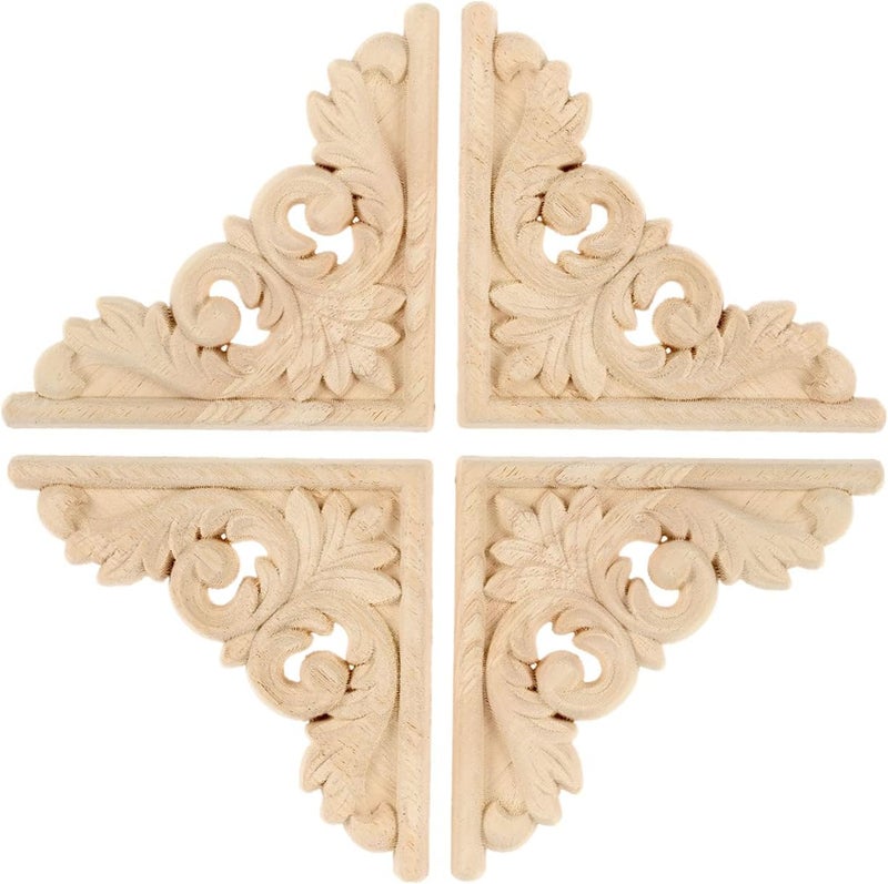 MUXSAM 4-Pack Wood Carved Applique Corner Onlay, 11x11cm/4.33"x4.33", Unpainted Furniture Decals for Cabinet Cupboard Corner Door Bed Home Decoration(Style-B) - Image 1