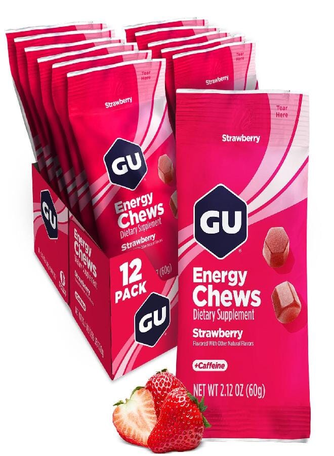 GU Energy Chews, Strawberry Energy Gummies with Electrolytes, Vegan, Gluten-Free, Kosher, 20 mg of Caffeine, and Dairy-Free On-the-Go Energy for Any Workout, 12 Bags (24 Servings Total) - Image 1