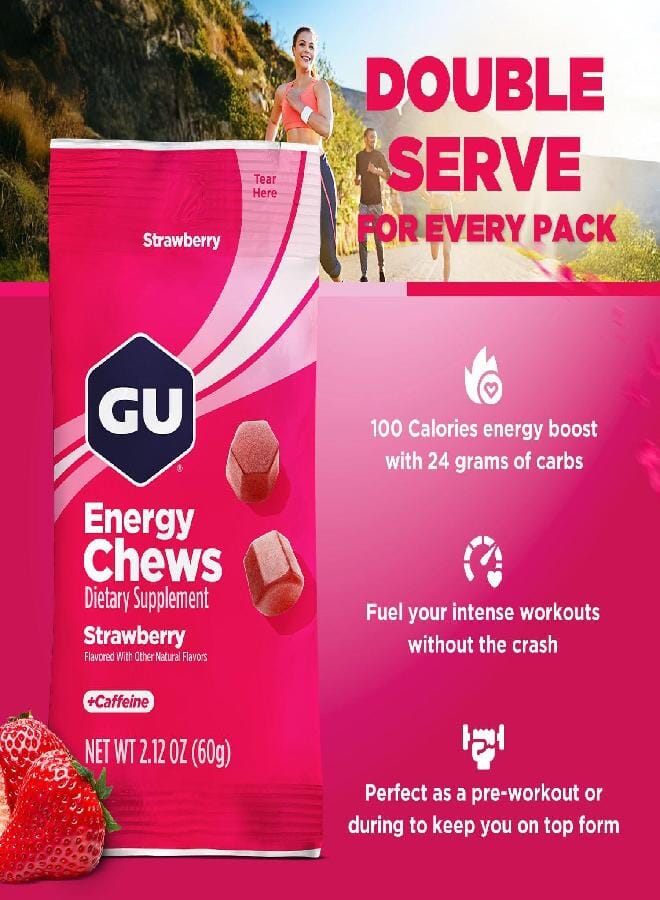 GU Energy Chews, Strawberry Energy Gummies with Electrolytes, Vegan, Gluten-Free, Kosher, 20 mg of Caffeine, and Dairy-Free On-the-Go Energy for Any Workout, 12 Bags (24 Servings Total) - Image 2