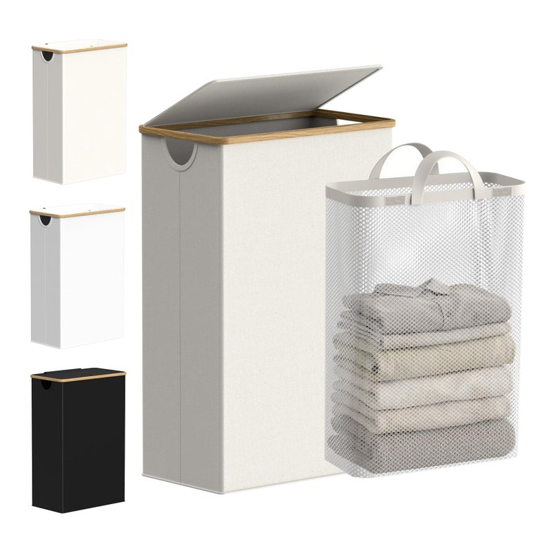 efluky Slim Laundry Basket with Lid, Narrow Laundry Hamper with Removable Bag, Skinny Dirty Clothes Basket with Bamboo Handles for Bathroom, Bedroom & Laundry Room, 75L Beige - Image 1