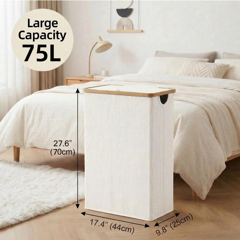 efluky Slim Laundry Basket with Lid, Narrow Laundry Hamper with Removable Bag, Skinny Dirty Clothes Basket with Bamboo Handles for Bathroom, Bedroom & Laundry Room, 75L Beige - Image 3