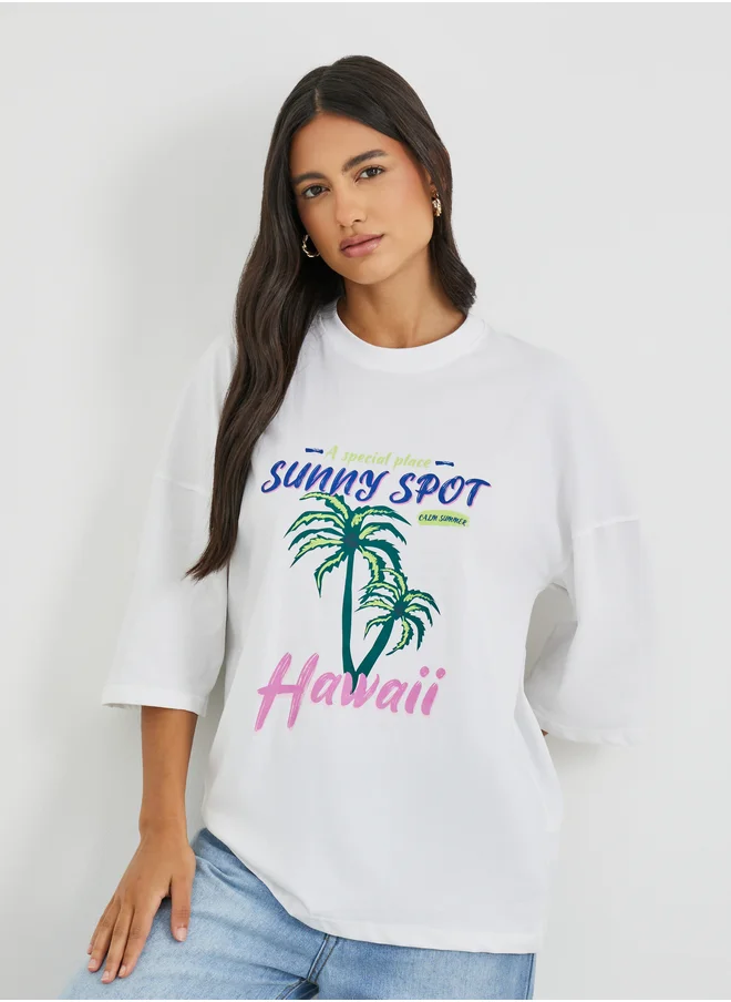 Styli Styli Graphic Print Exaggerated Shoulder Oversized T-Shirt
