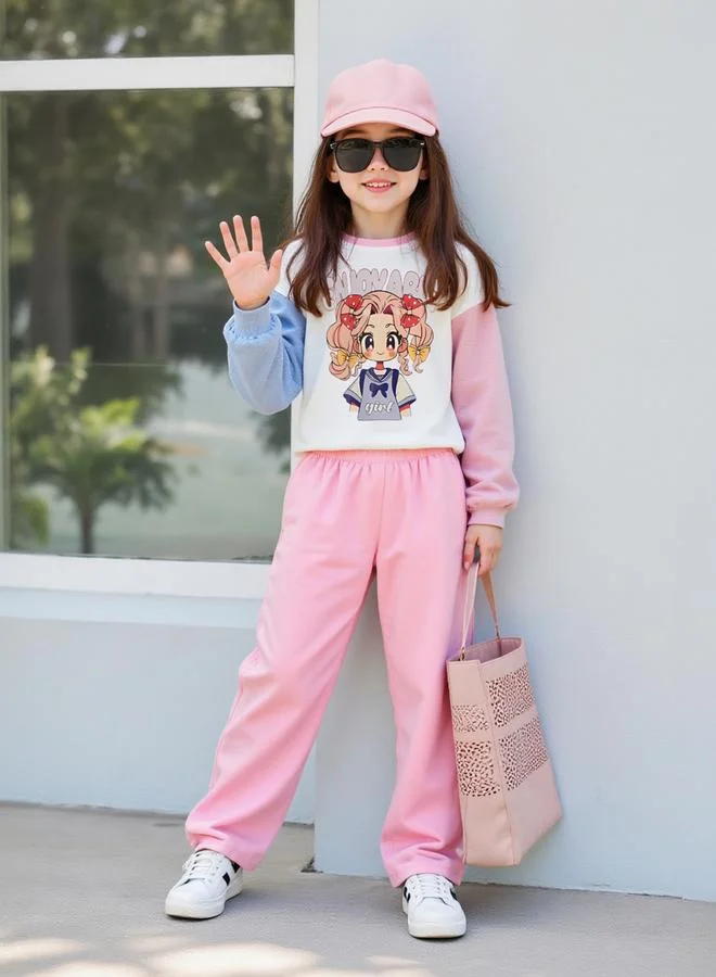 Take Two Graphic Print Sweatshirt with Elastic Waist Pants Set