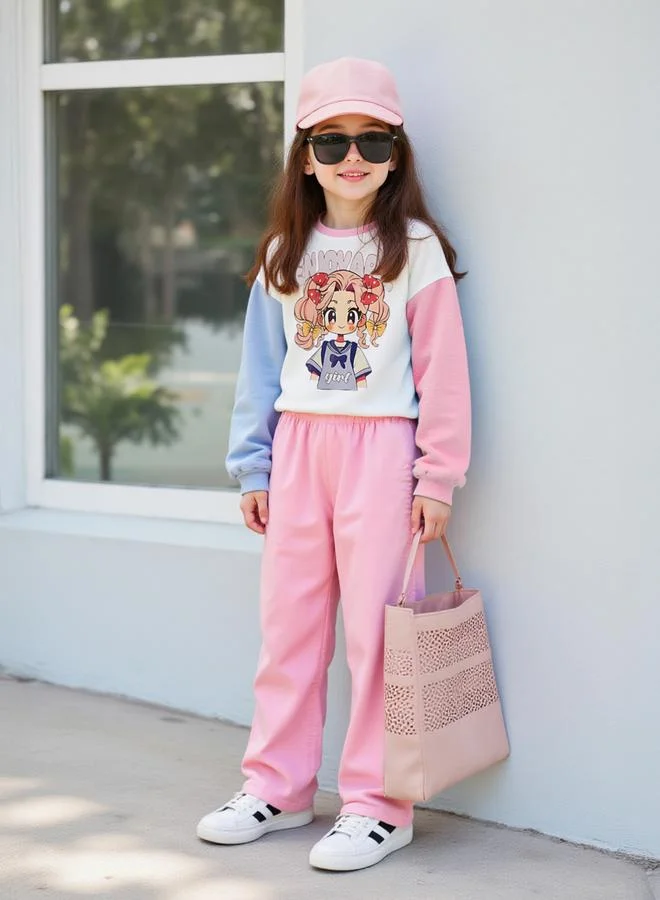 Take Two Graphic Print Sweatshirt with Elastic Waist Pants Set
