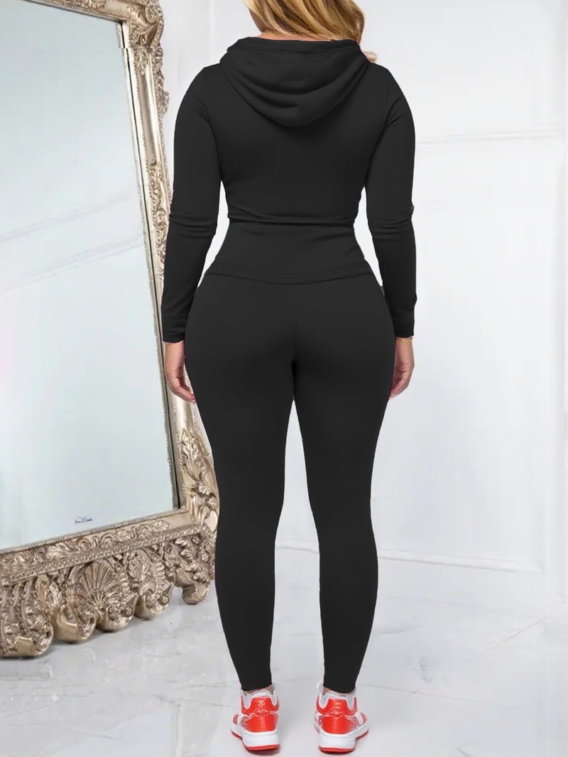 AUXDIO Women 2 Piece Outfits Casual Workout Sets Bodycon Tracksuit Zip Up Long Sleeve Hoodle Jacket Jogger Pants Set Black S - Image 4