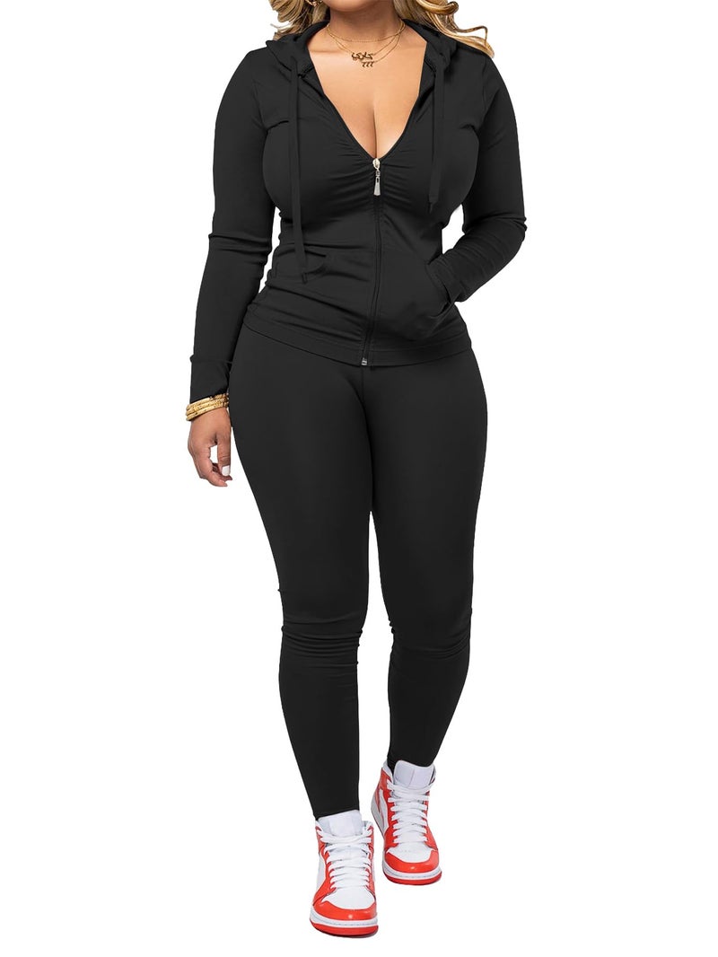 AUXDIO Women 2 Piece Outfits Casual Workout Sets Bodycon Tracksuit Zip Up Long Sleeve Hoodle Jacket Jogger Pants Set Black S - Image 1