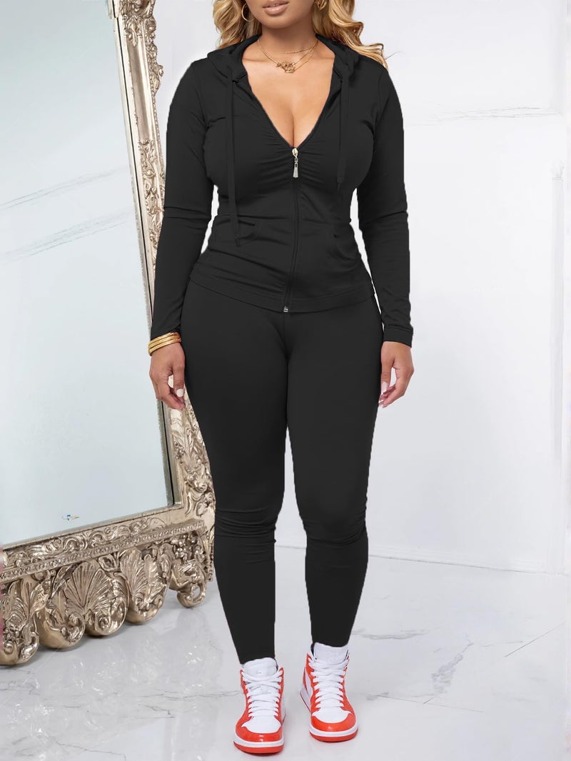 AUXDIO Women 2 Piece Outfits Casual Workout Sets Bodycon Tracksuit Zip Up Long Sleeve Hoodle Jacket Jogger Pants Set Black S - Image 2