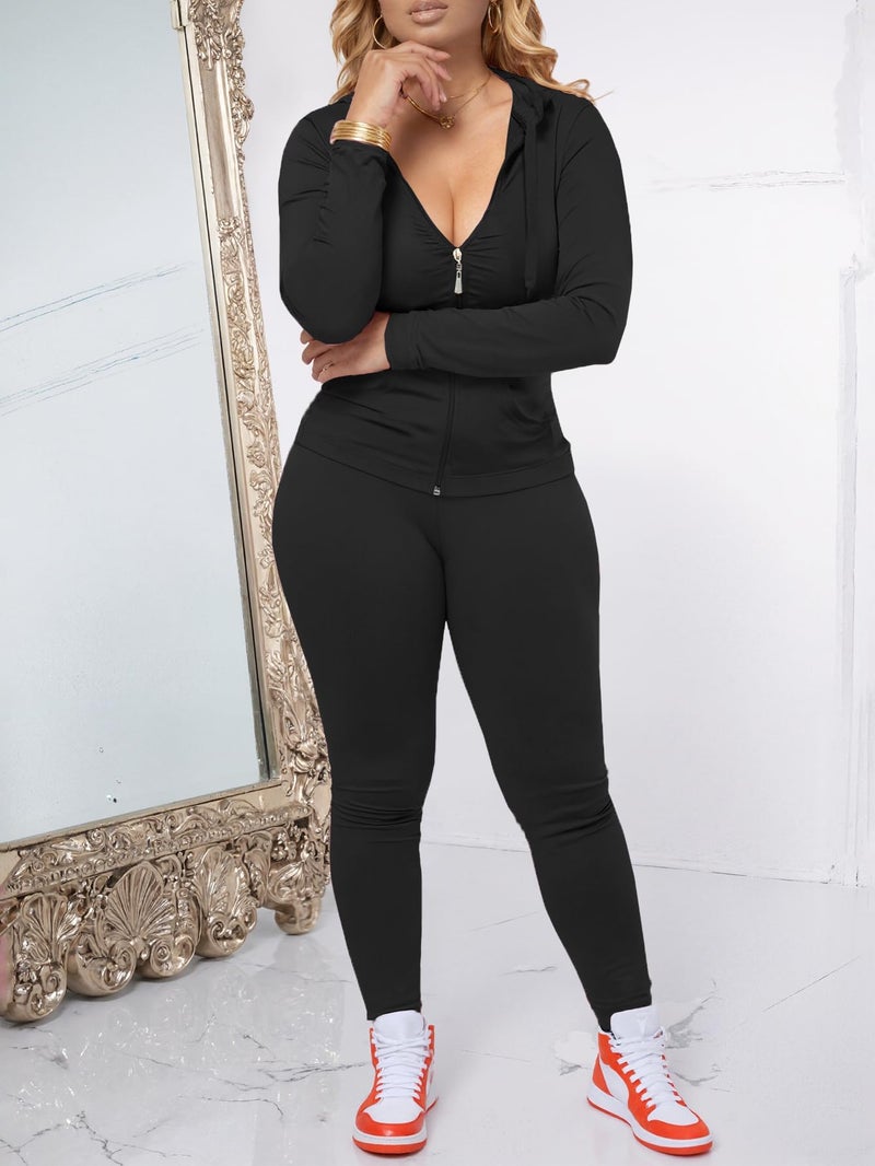 AUXDIO Women 2 Piece Outfits Casual Workout Sets Bodycon Tracksuit Zip Up Long Sleeve Hoodle Jacket Jogger Pants Set Black S - Image 5