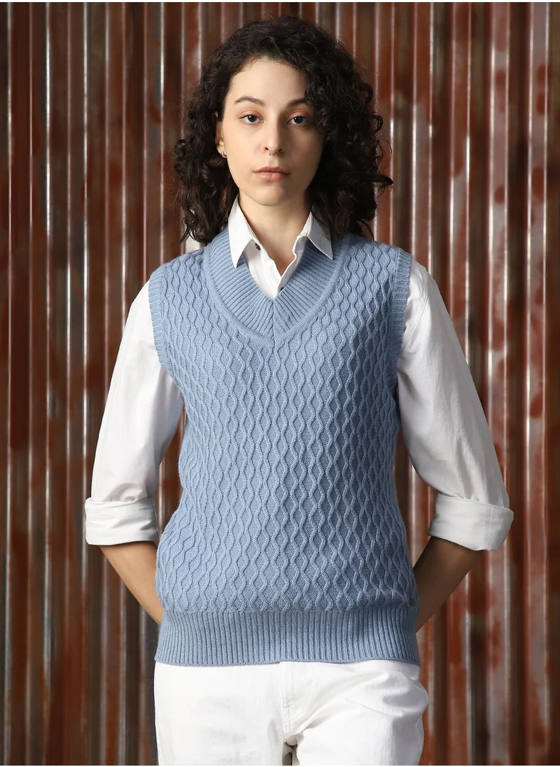 هاي ستار Women's Blue 100% Acrylic Solid Sweater
