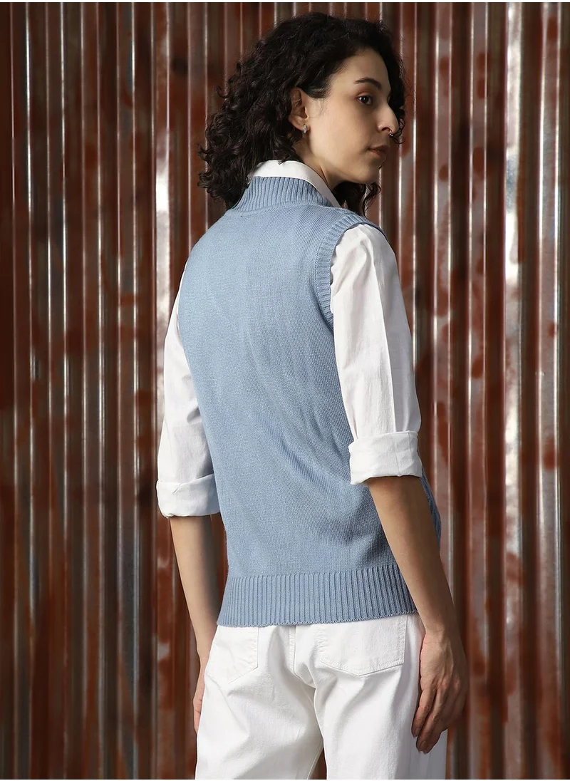 هاي ستار Women's Blue 100% Acrylic Solid Sweater