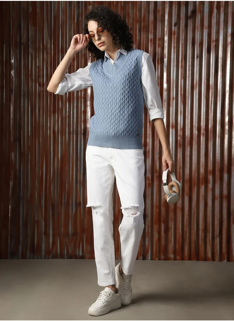 هاي ستار Women's Blue 100% Acrylic Solid Sweater