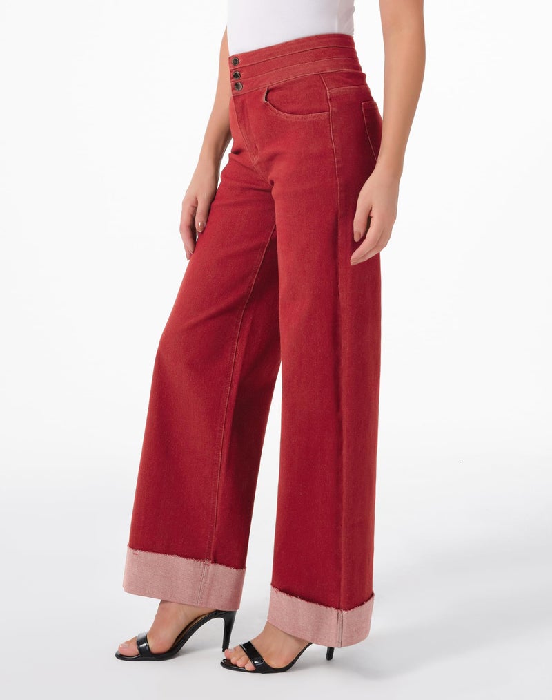 roswear Women's High Waisted Stretchy Wide Leg Jeans Cuffed Baggy Jeans Loose Denim Pants Speckled Red Small - Image 2