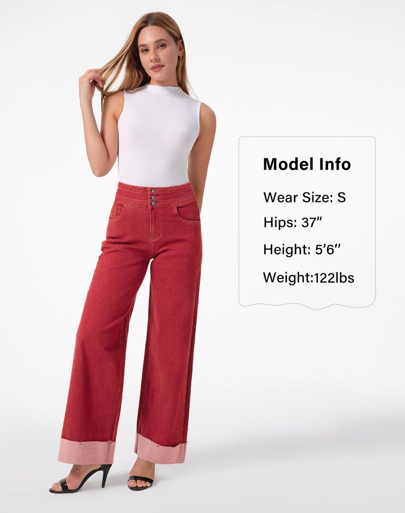 roswear Women's High Waisted Stretchy Wide Leg Jeans Cuffed Baggy Jeans Loose Denim Pants Speckled Red Small - Image 4