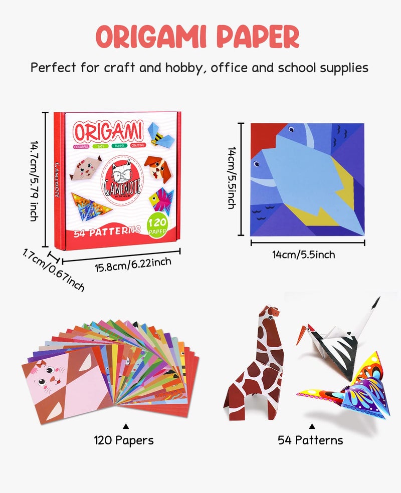 Gamenote Colorful Origami Kit for Kids 54 Projects 120 Double Sided Origami Paper 12 Sheets Practice Papers Instructional Origami Book Origami Gift for 4+ Girls Boys Adult Beginners Training Craft - Image 2