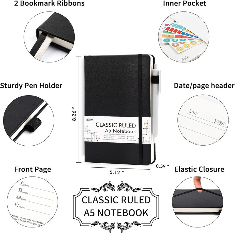 Feela 5 Pack Journal Notebook Bulk for School, Hardcover Business Notebooks Classic Ruled Lined Journals with Pen Holder for Work Note Taking, with 5 Black Pens, 120 GSM, 5.1”x8.3”, A5, Black - Image 2