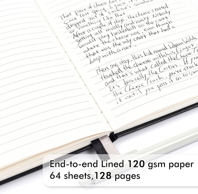 Feela 5 Pack Journal Notebook Bulk for School, Hardcover Business Notebooks Classic Ruled Lined Journals with Pen Holder for Work Note Taking, with 5 Black Pens, 120 GSM, 5.1”x8.3”, A5, Black - Image 3
