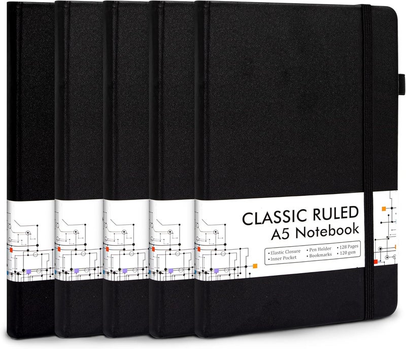Feela 5 Pack Journal Notebook Bulk for School, Hardcover Business Notebooks Classic Ruled Lined Journals with Pen Holder for Work Note Taking, with 5 Black Pens, 120 GSM, 5.1”x8.3”, A5, Black - Image 1