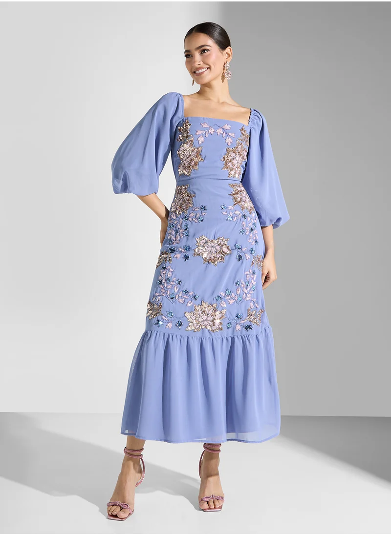 مايا Puff Sleeve Placement Embellished Midaxi Dress