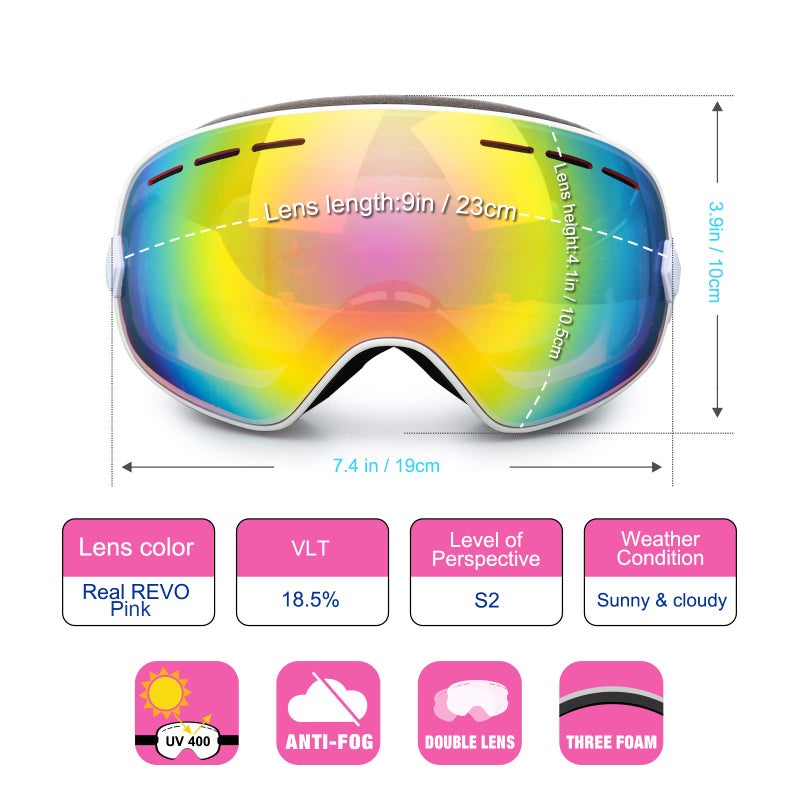 EXP VISION Ski Snowboard Goggles for Man Woman and Younth, OTG Snow Goggle Anti Fog UV400 Protection Winter Outdoor Sports Goggle-Pink - Image 2