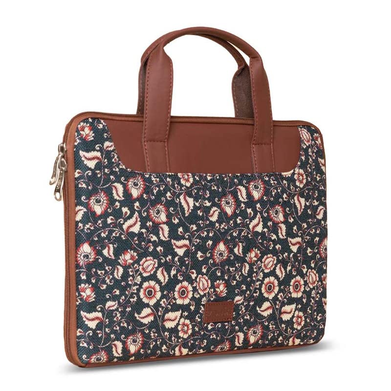 ZOUK Chittoor Blue Kalamkari Motif Printed Women's Jute Handcrafted Vegan Leather Blue L Zipper Laptop Sleeve 15.6 inch - Image 2