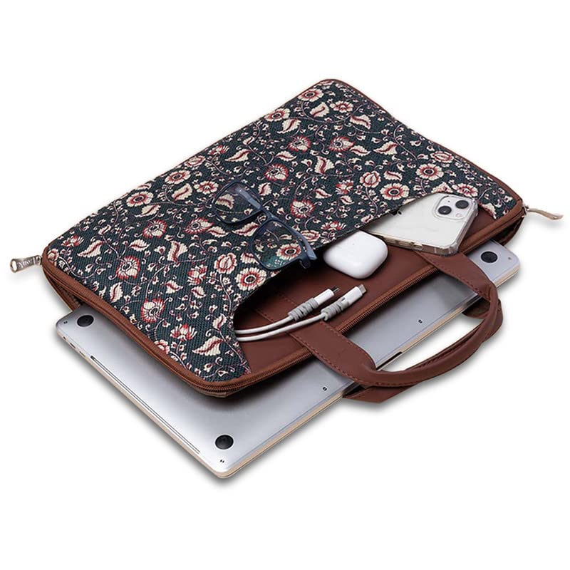 ZOUK Chittoor Blue Kalamkari Motif Printed Women's Jute Handcrafted Vegan Leather Blue L Zipper Laptop Sleeve 15.6 inch - Image 5