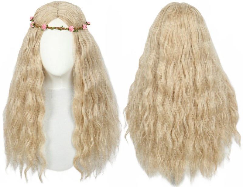 Linfairy Long Wavy Hippie Wigs for Women 70s Halloween Cosplay Costume Wig for Party With Flower Crown