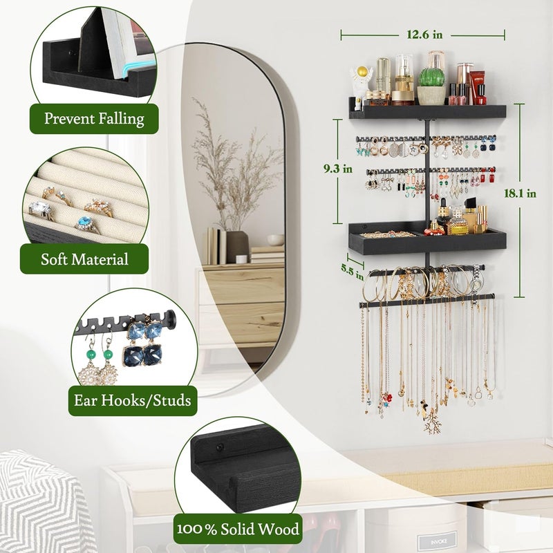 Keebofly Wall Mounted Jewelry Organizer with 2 Tired Shelves & Ring Holder- Jewelry Holder Wall Storage Display for Earrings, Necklace, Bracelet in Bathroom Bedroom, Black - Image 3