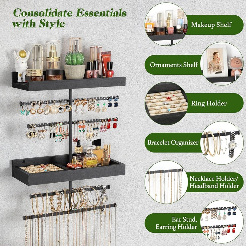 Keebofly Wall Mounted Jewelry Organizer with 2 Tired Shelves & Ring Holder- Jewelry Holder Wall Storage Display for Earrings, Necklace, Bracelet in Bathroom Bedroom, Black - Image 2