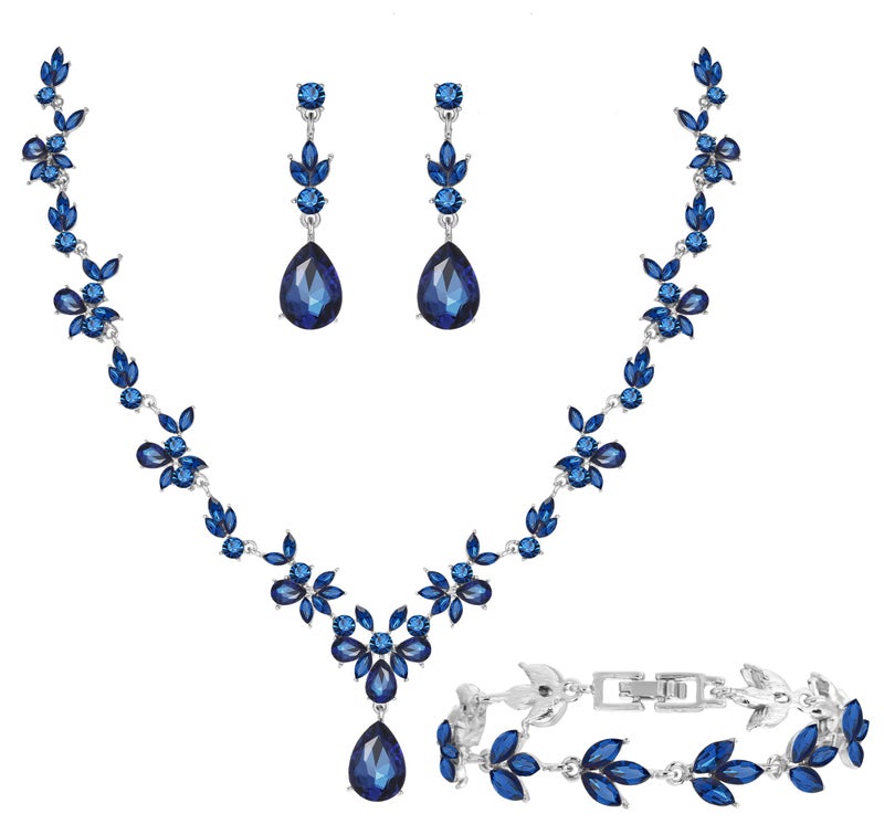 Paxuan Bridal Wedding Elegant Floral Jewelry Set for Women/Brides/Bridesmaids Crystal Jewelry Set for Wedding Prom Party Bridal Crystal Necklace Earrings Bracelet Set - Image 1