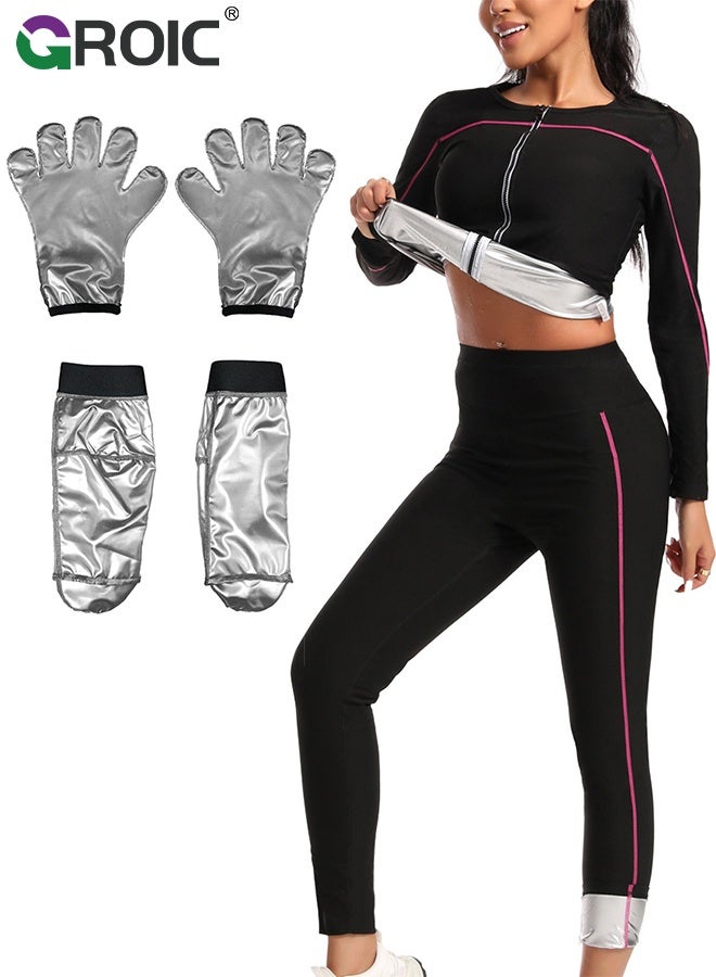 GROIC Sauna Suit For Women,Weight Loss Workout Sweat Vest Waist Trainer,Long Sleeve,Corset Sweatsuit,Full-Body Sweat-Enhancing Workout Gear with Gloves and Foot Covers for Calorie Burn and Detox - Image 1