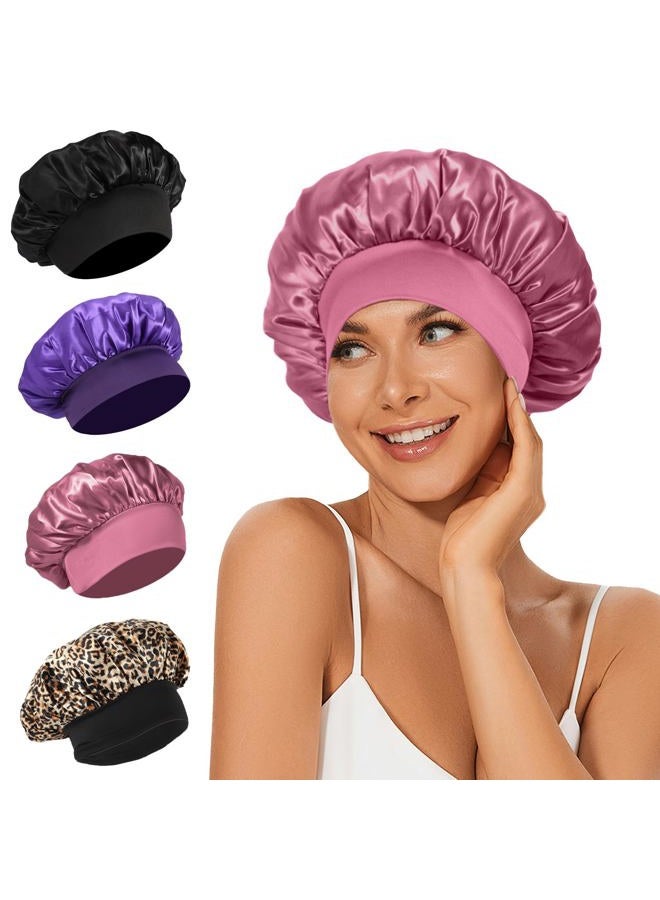 LEADUWAY 4Pcs Satin Hair Bonnet, Elastic Wide Band Sleep Cap, Soft and Breathable Silk Hair Wrap for Sleeping (Black, Purple, Rose, Leopard) - Image 1