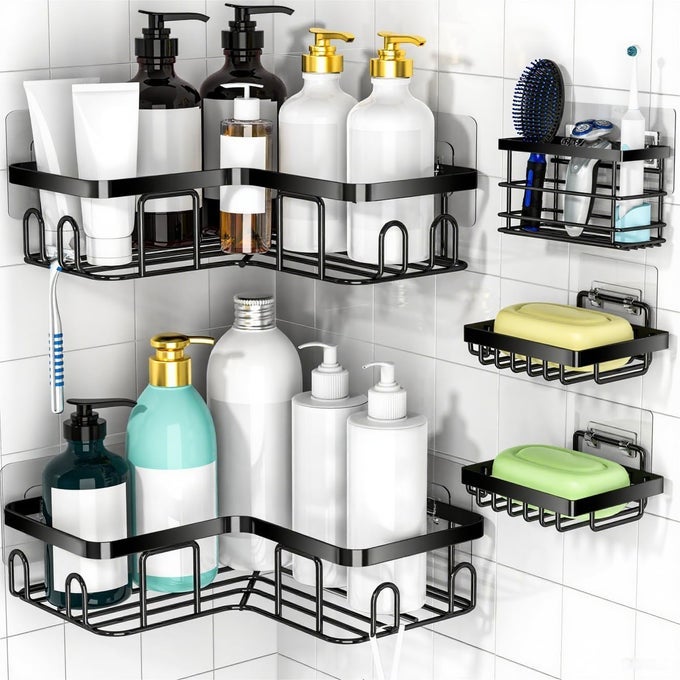 5PACK SHOWER CADDY LSHAPED 102IN DIAMETER 90DEGREE RIGHT ANGLE RUSTPROOF EASY INSTALLATION 12 HOOKS SOAP HOLDER ADHESIVE CORNER SHOWER ORGANIZER BLACK