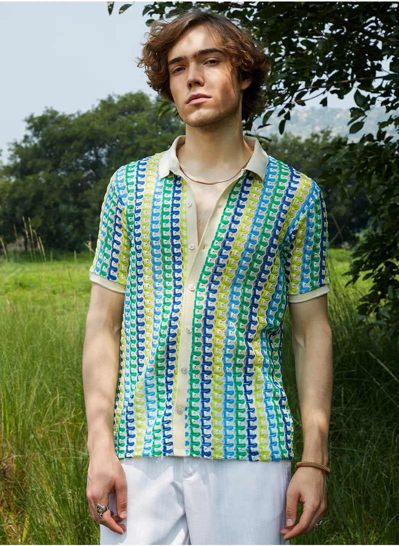 Campus Sutra Men's Multicolour Loop-Stripe Knit Shirt