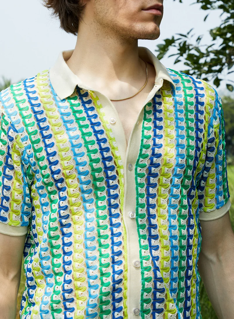 Campus Sutra Men's Multicolour Loop-Stripe Knit Shirt