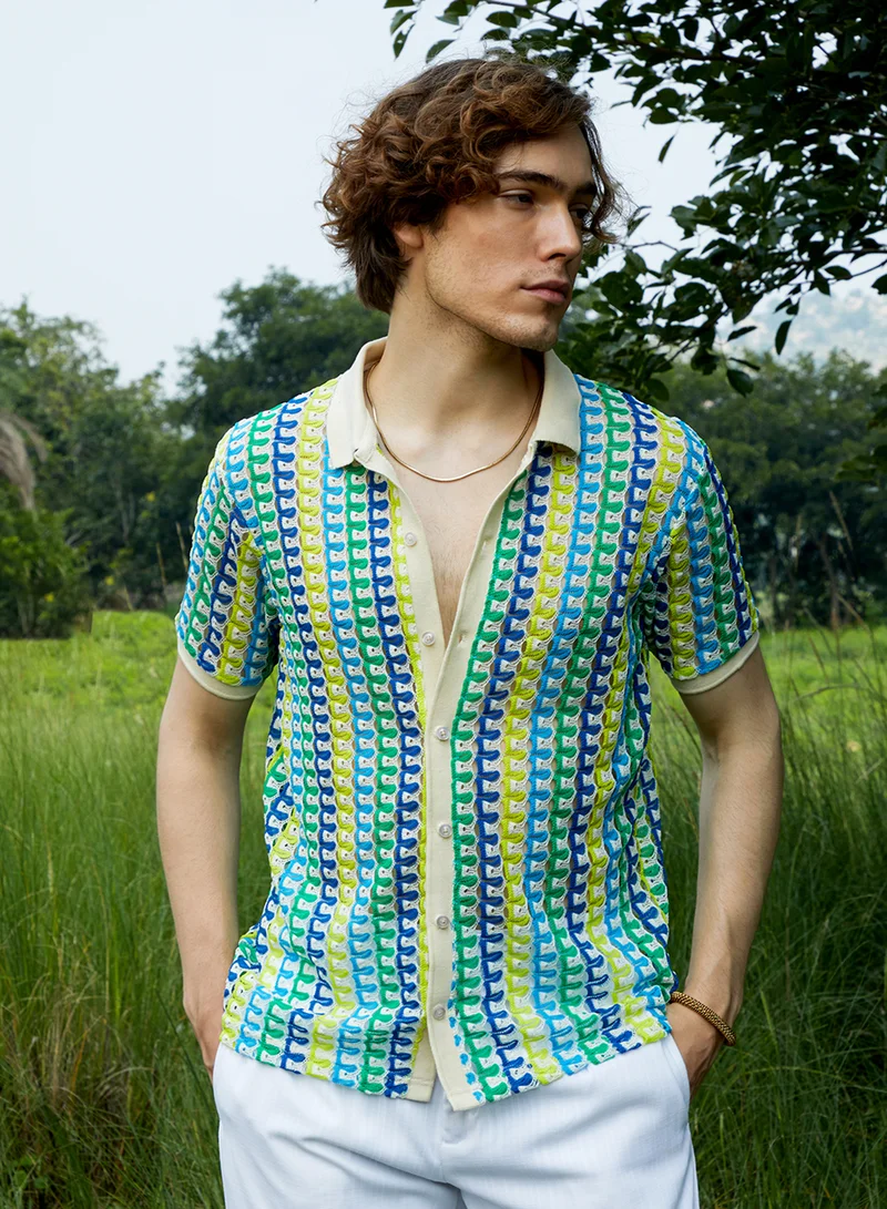 Campus Sutra Men's Multicolour Loop-Stripe Knit Shirt